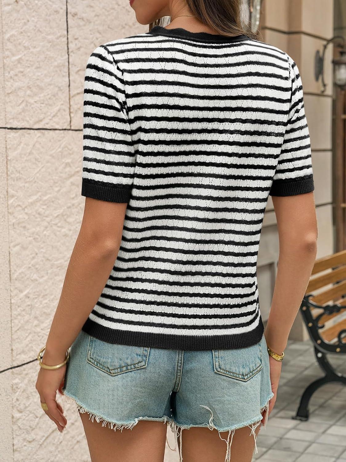 image:imageSaodimallsu Womens Short Sleeve Sweaters Striped Henley Knit Shirts Casual Summer Crochet Lightweight Pullover TopsBlack
