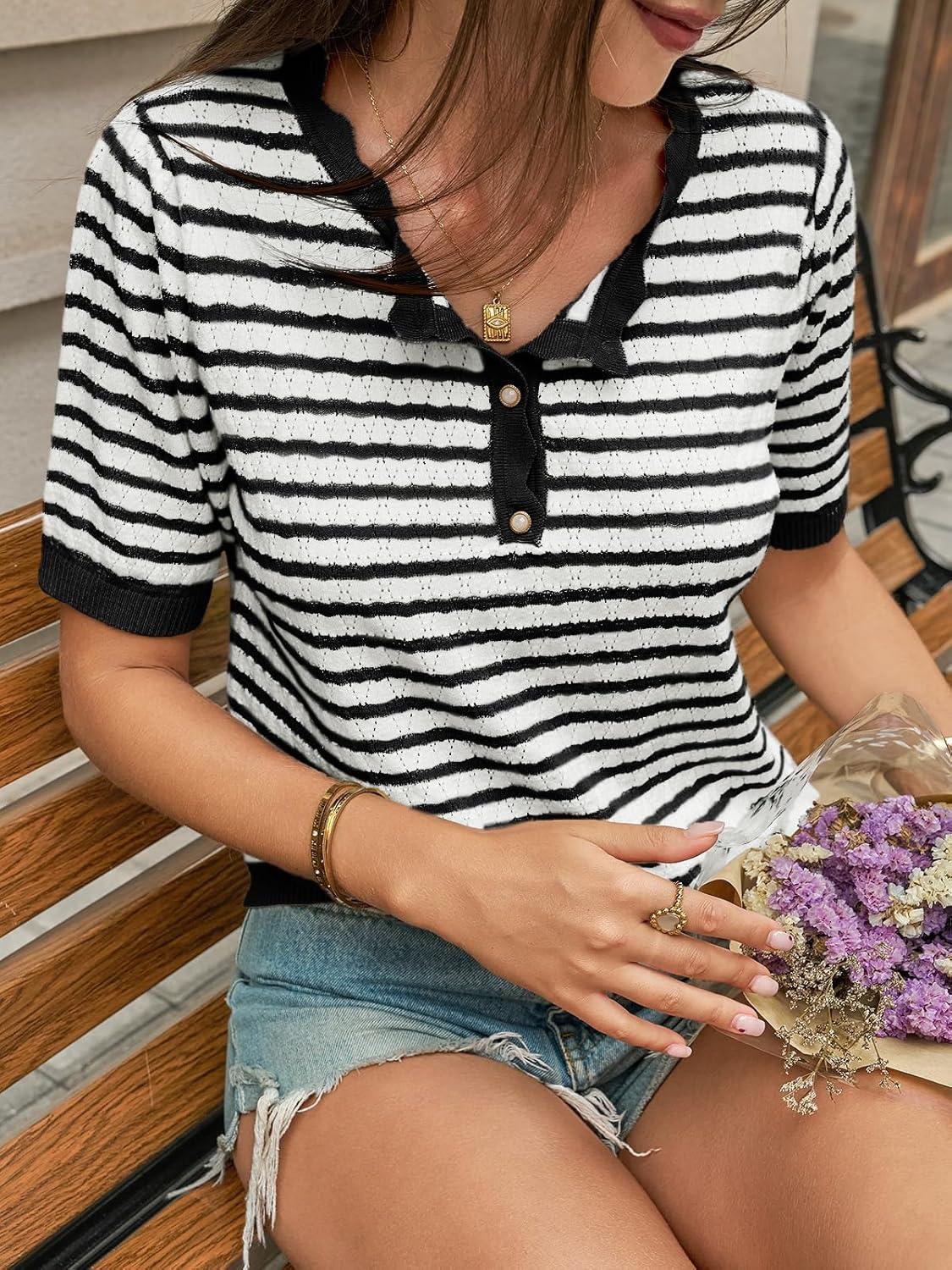 image:imageSaodimallsu Womens Short Sleeve Sweaters Striped Henley Knit Shirts Casual Summer Crochet Lightweight Pullover TopsBlack