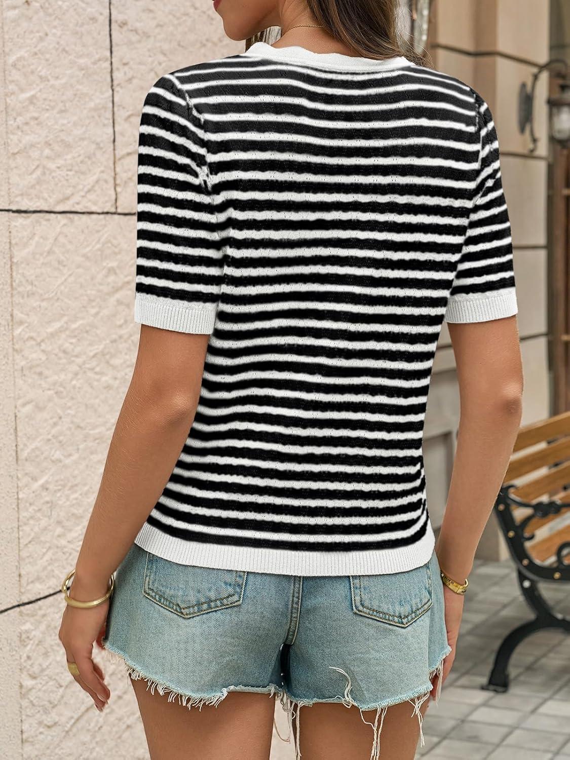 image:imageSaodimallsu Womens Short Sleeve Sweaters Striped Henley Knit Shirts Casual Summer Crochet Lightweight Pullover TopsWhite