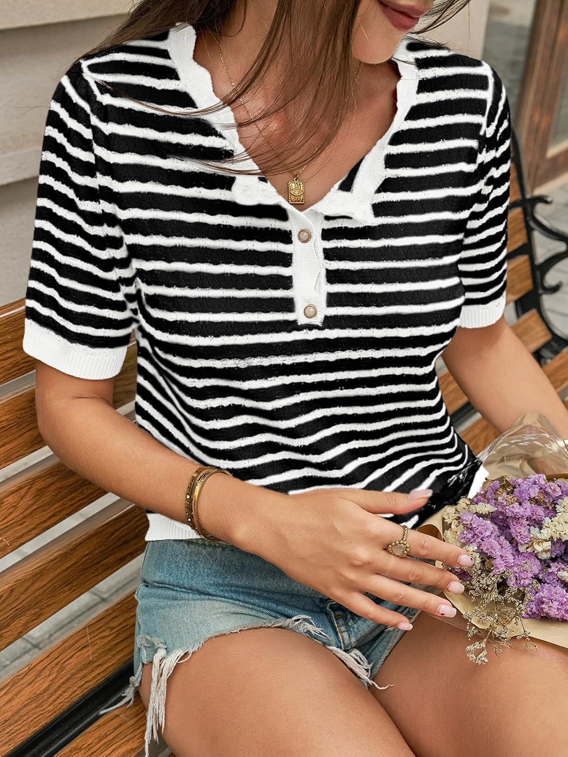 image:imageSaodimallsu Womens Short Sleeve Sweaters Striped Henley Knit Shirts Casual Summer Crochet Lightweight Pullover TopsWhite
