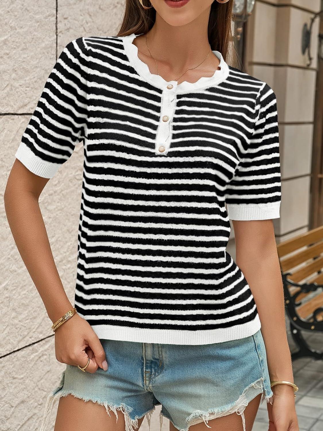 image:imageSaodimallsu Womens Short Sleeve Sweaters Striped Henley Knit Shirts Casual Summer Crochet Lightweight Pullover TopsWhite