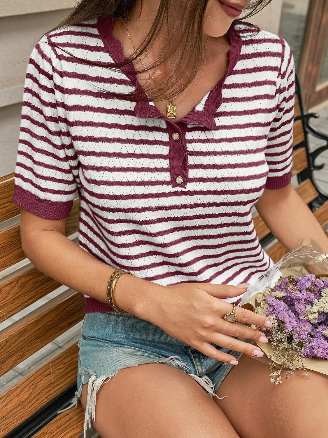 image:imageSaodimallsu Womens Short Sleeve Sweaters Striped Henley Knit Shirts Casual Summer Crochet Lightweight Pullover TopsWine Red