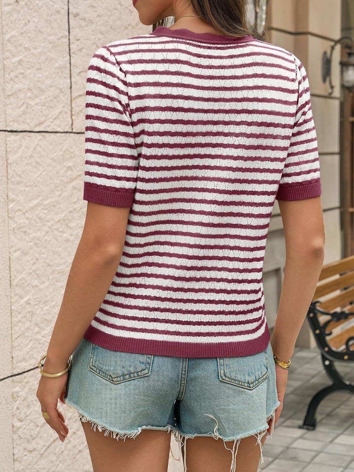 image:imageSaodimallsu Womens Short Sleeve Sweaters Striped Henley Knit Shirts Casual Summer Crochet Lightweight Pullover TopsWine Red