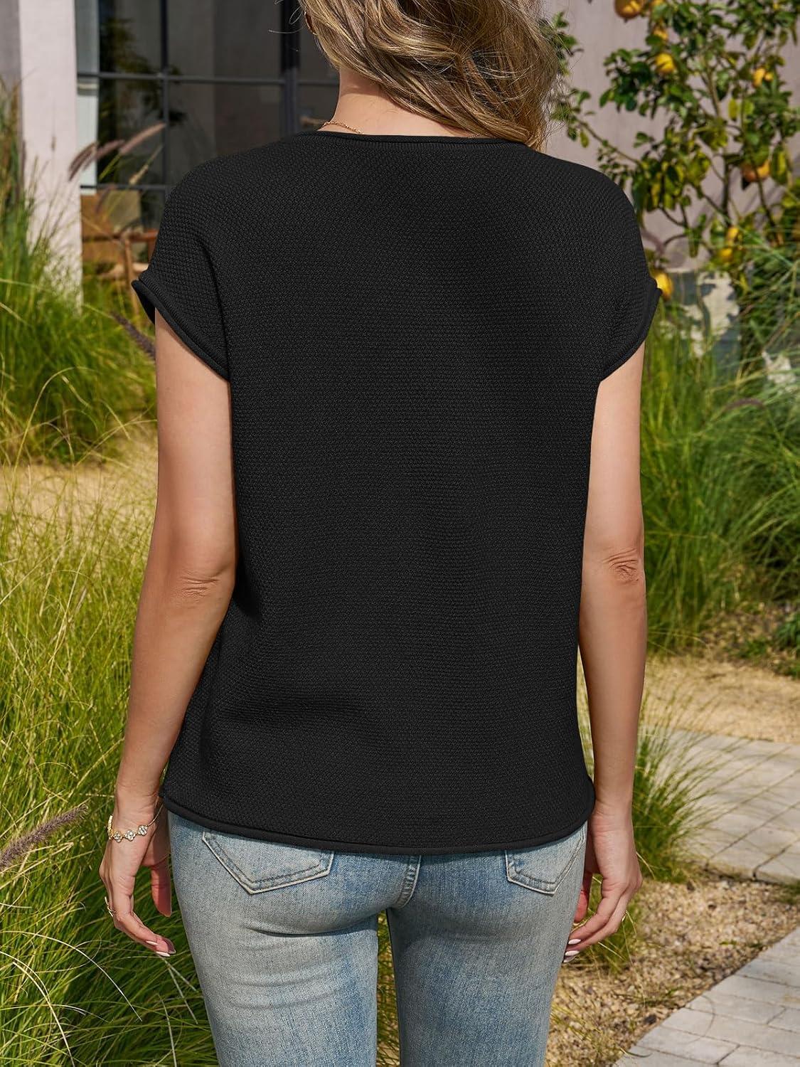 image:imageSaodimallsu Womens Summer Cap Sleeve Tops 2026 Waffle Knit Going Out Casual Loose Crew Neck Lightweight Sweater VestBlack
