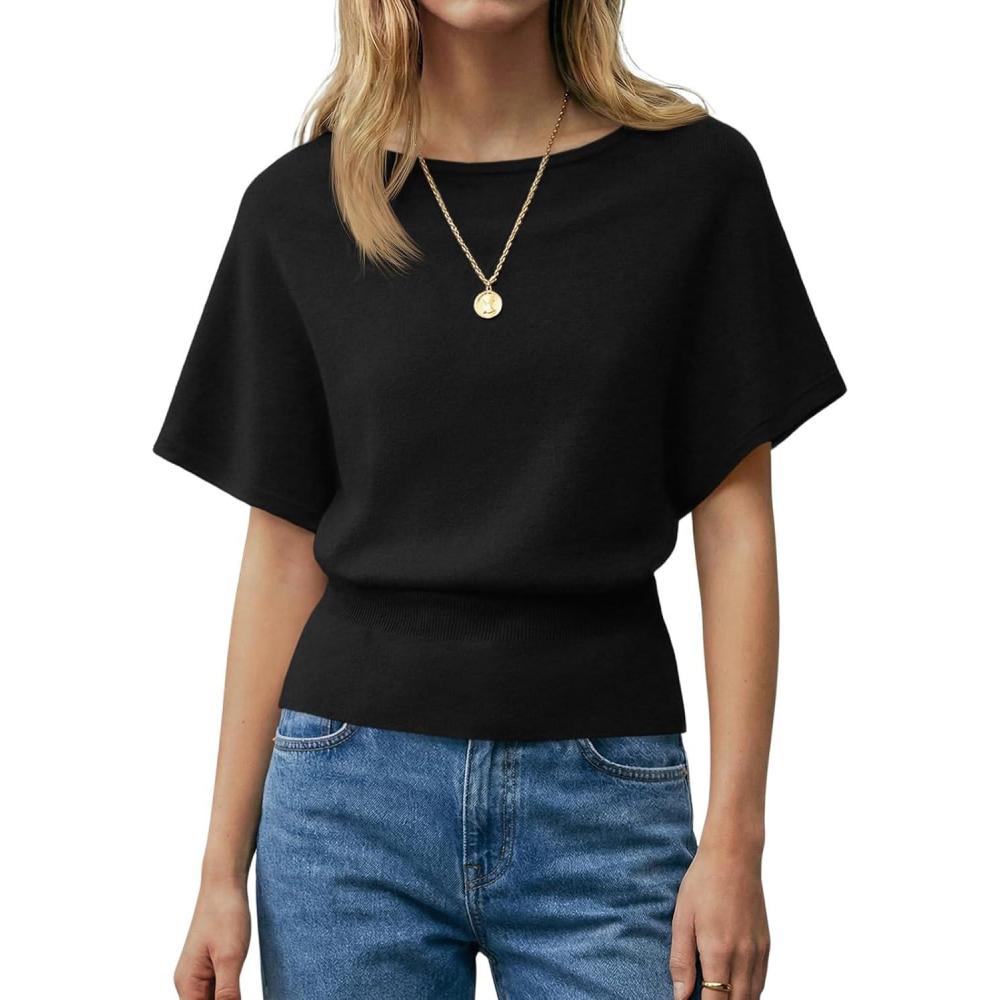 image:imageSaodimallsu Womens Boat Neck Summer Tops Batwing Dolman Short Sleeve Trendy Ribbed Knit Cinched Waist Knit Sweater TopBlack