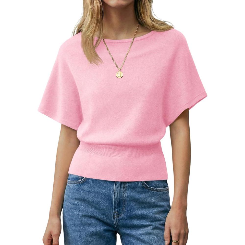 image:imageSaodimallsu Womens Boat Neck Summer Tops Batwing Dolman Short Sleeve Trendy Ribbed Knit Cinched Waist Knit Sweater TopPink