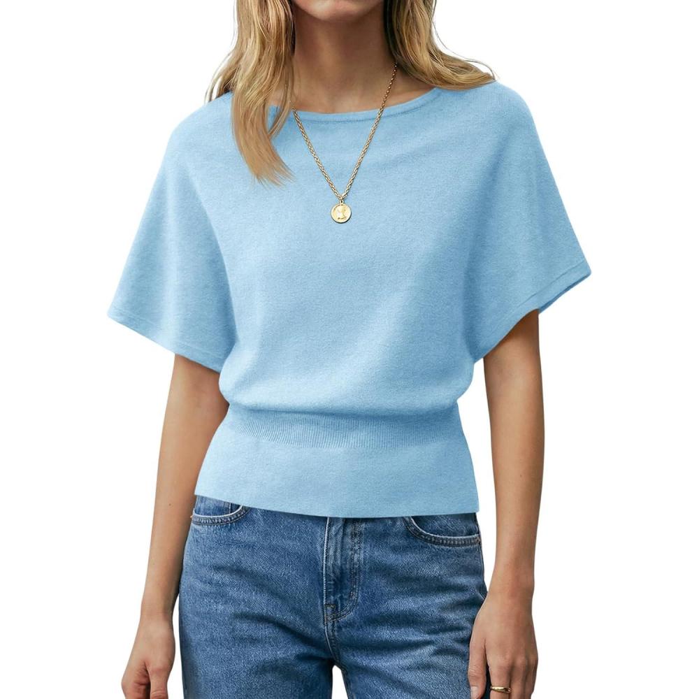 image:imageSaodimallsu Womens Boat Neck Summer Tops Batwing Dolman Short Sleeve Trendy Ribbed Knit Cinched Waist Knit Sweater TopSky Blue