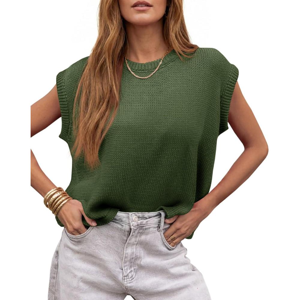 image:imageSaodimallsu Womens Cap Sleeve Sweater Vest Sleeveless Crew Neck Casual Loose Knit Pullover Summer TopsArmy Green