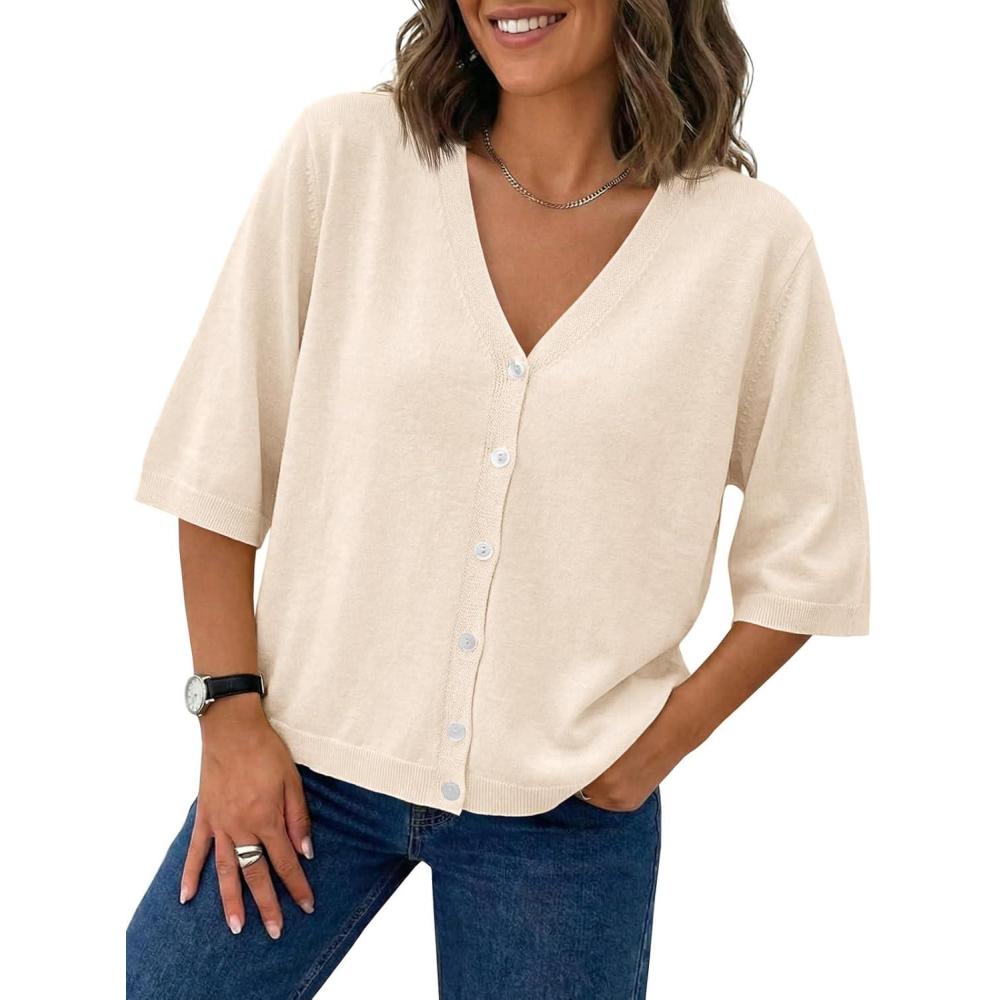 image:imageSaodimallsu Womens Half Short Sleeve Cardigans Summer Lightweight Knit V Neck Button Down Casual Sweater TopsApricot