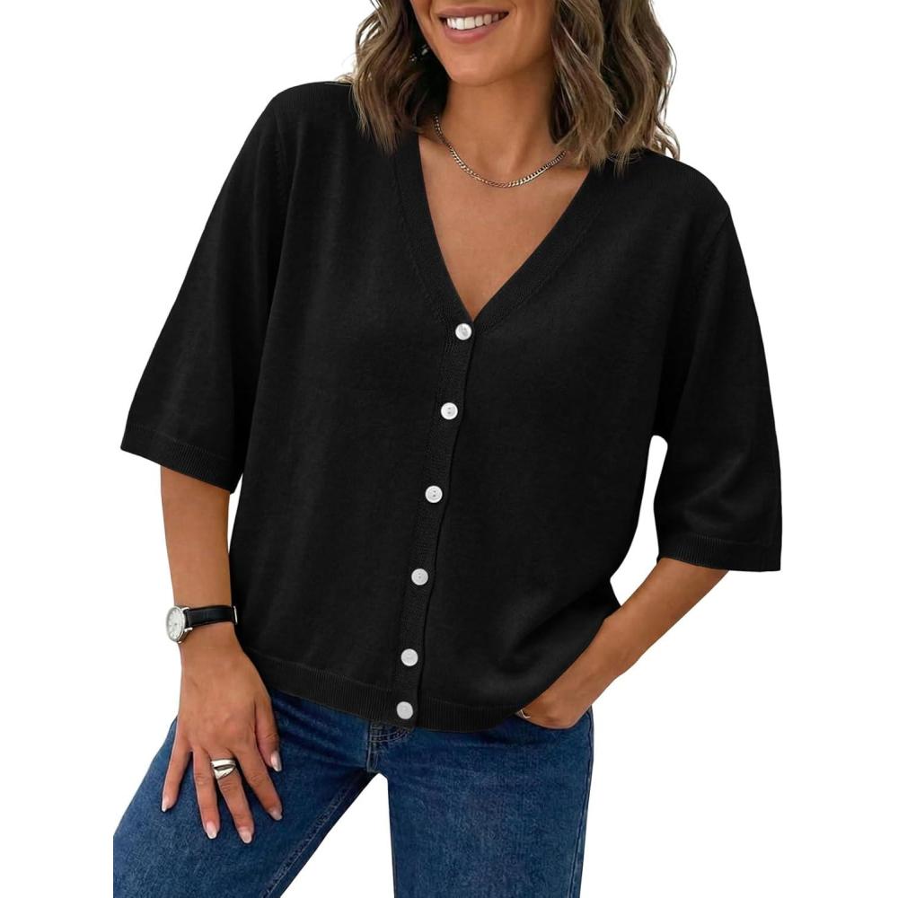 image:imageSaodimallsu Womens Half Short Sleeve Cardigans Summer Lightweight Knit V Neck Button Down Casual Sweater TopsBlack