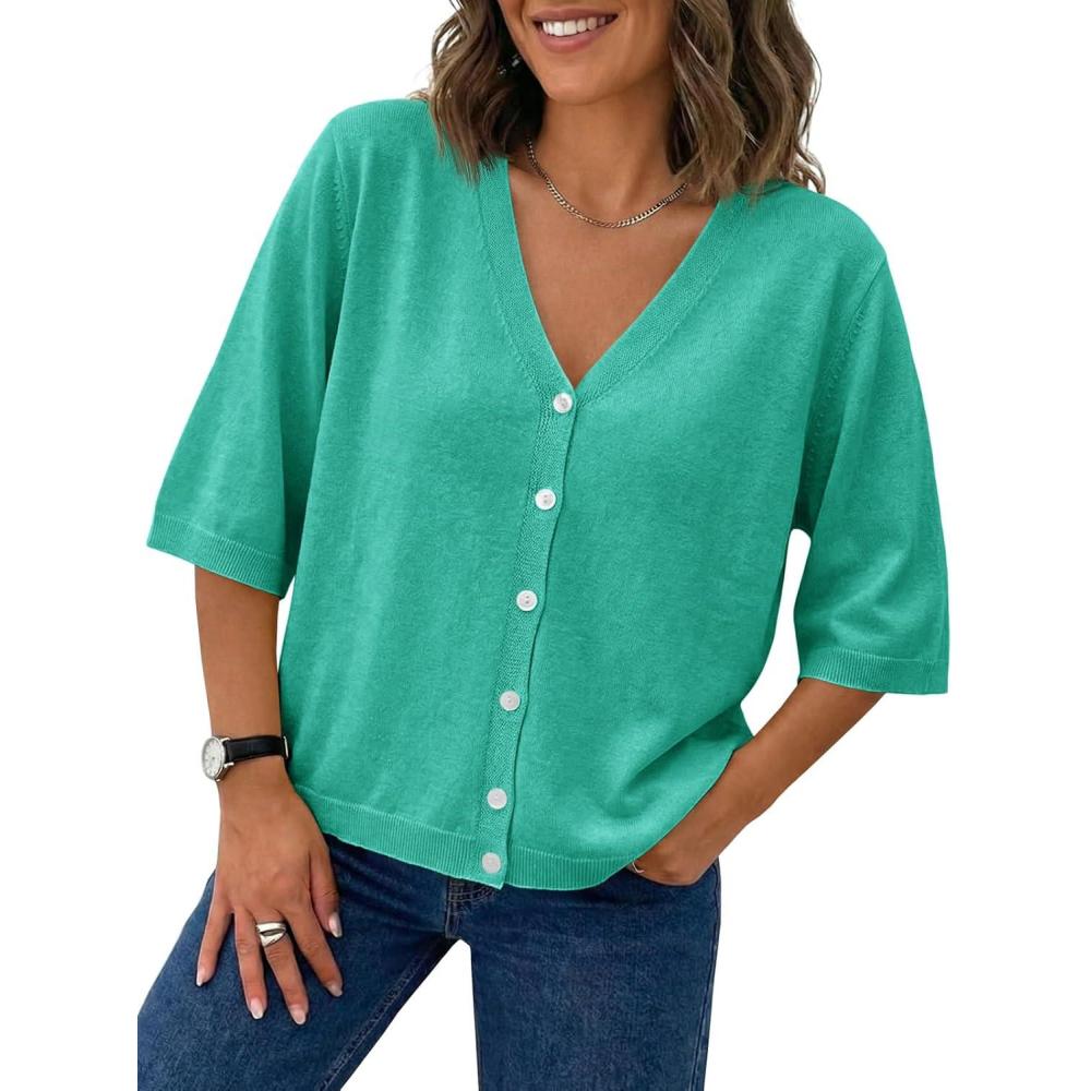 image:imageSaodimallsu Womens Half Short Sleeve Cardigans Summer Lightweight Knit V Neck Button Down Casual Sweater TopsGreen
