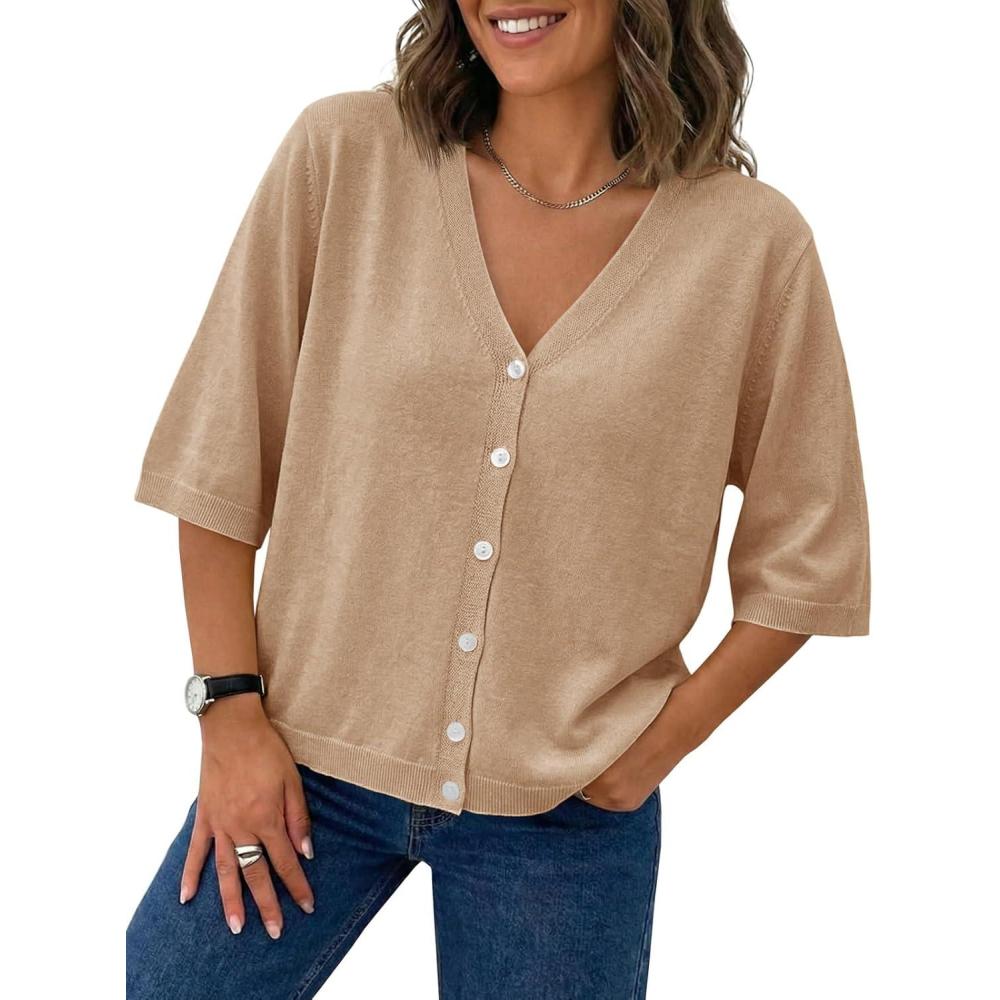 image:imageSaodimallsu Womens Half Short Sleeve Cardigans Summer Lightweight Knit V Neck Button Down Casual Sweater TopsKhaki