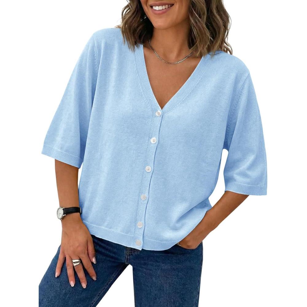 image:imageSaodimallsu Womens Half Short Sleeve Cardigans Summer Lightweight Knit V Neck Button Down Casual Sweater TopsSky Blue