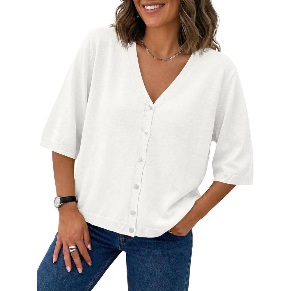 image:imageSaodimallsu Womens Half Short Sleeve Cardigans Summer Lightweight Knit V Neck Button Down Casual Sweater TopsWhite