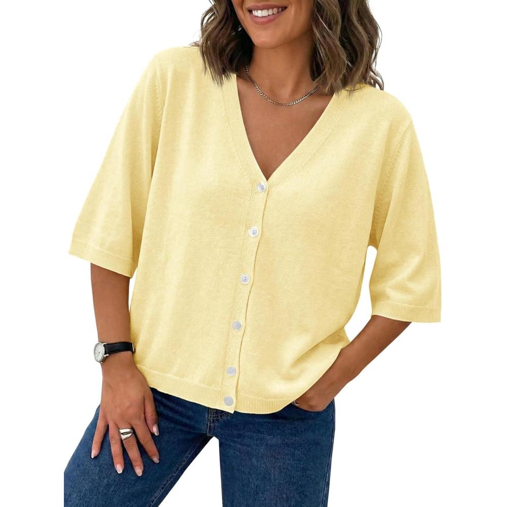 image:imageSaodimallsu Womens Half Short Sleeve Cardigans Summer Lightweight Knit V Neck Button Down Casual Sweater TopsYellow