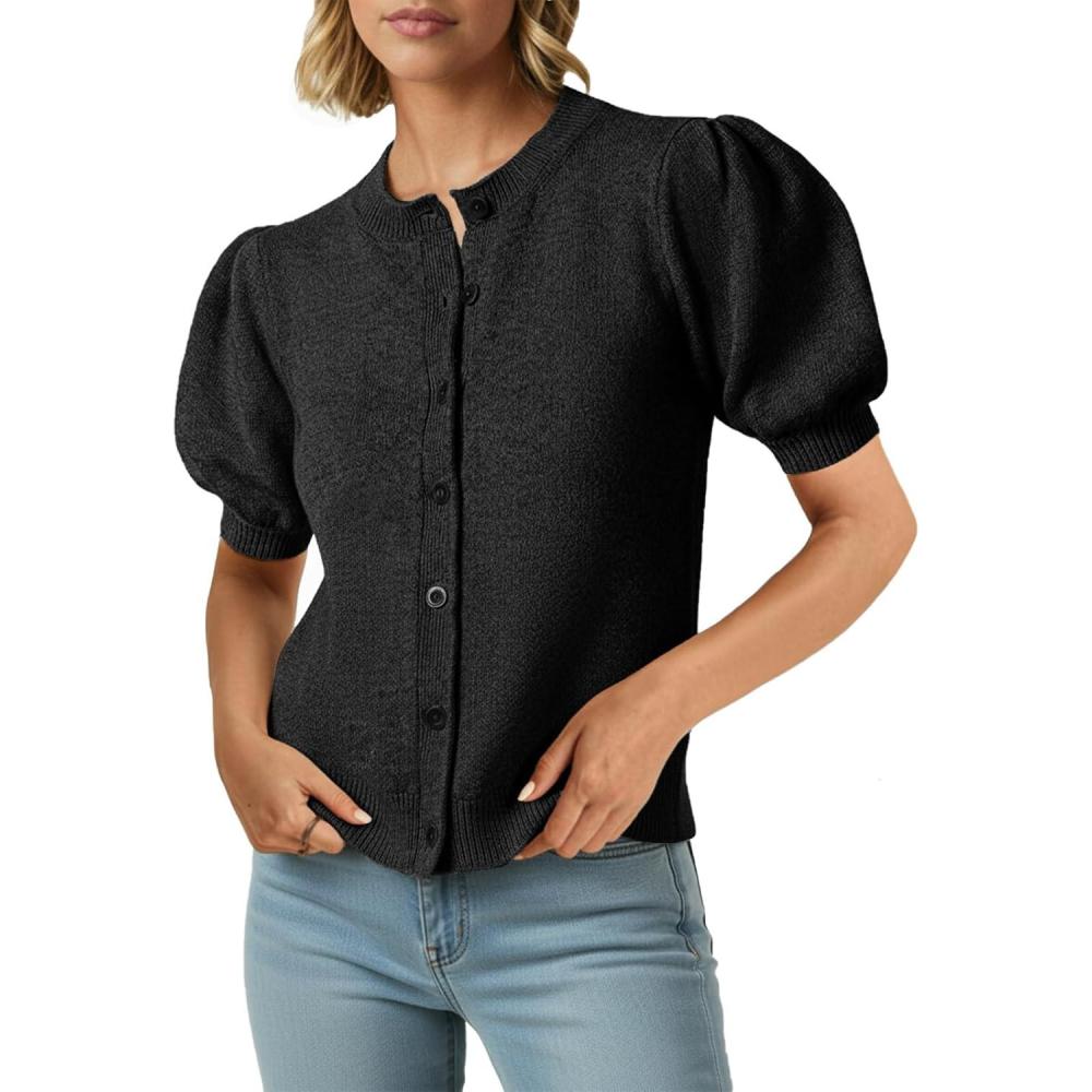image:imageSaodimallsu Womens Puff Short Sleeve Cardigans Casual Summer Button Down Lightweight Knit Crew Neck Sweater TopsBlack