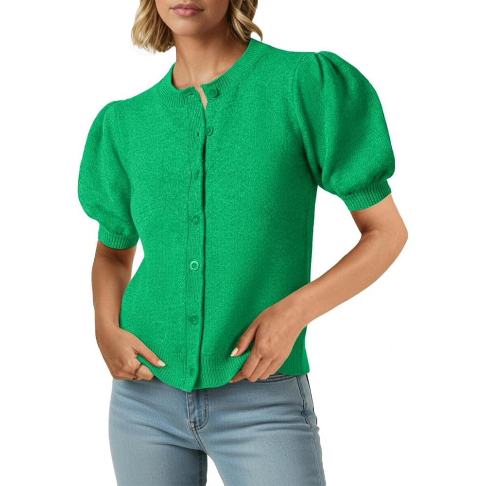 image:imageSaodimallsu Womens Puff Short Sleeve Cardigans Casual Summer Button Down Lightweight Knit Crew Neck Sweater TopsGreen