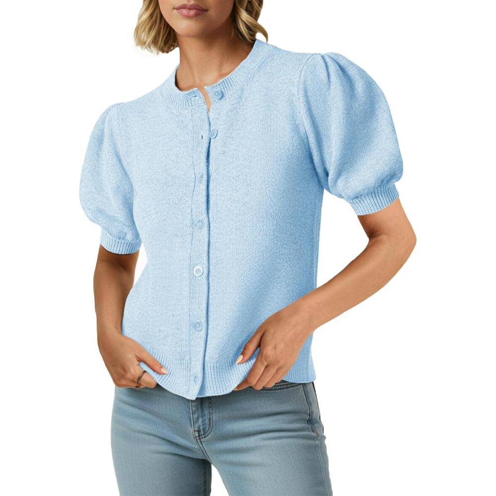 image:imageSaodimallsu Womens Puff Short Sleeve Cardigans Casual Summer Button Down Lightweight Knit Crew Neck Sweater TopsLight Blue
