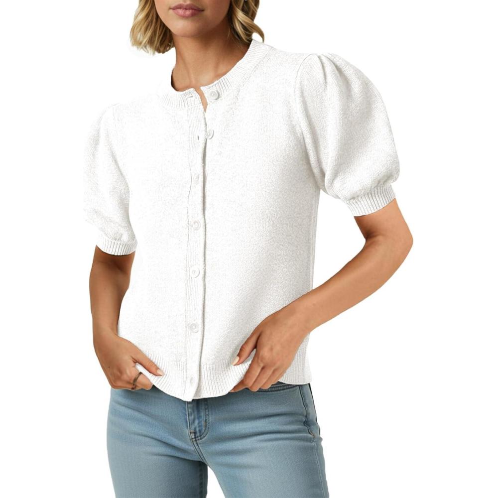image:imageSaodimallsu Womens Puff Short Sleeve Cardigans Casual Summer Button Down Lightweight Knit Crew Neck Sweater TopsWhite