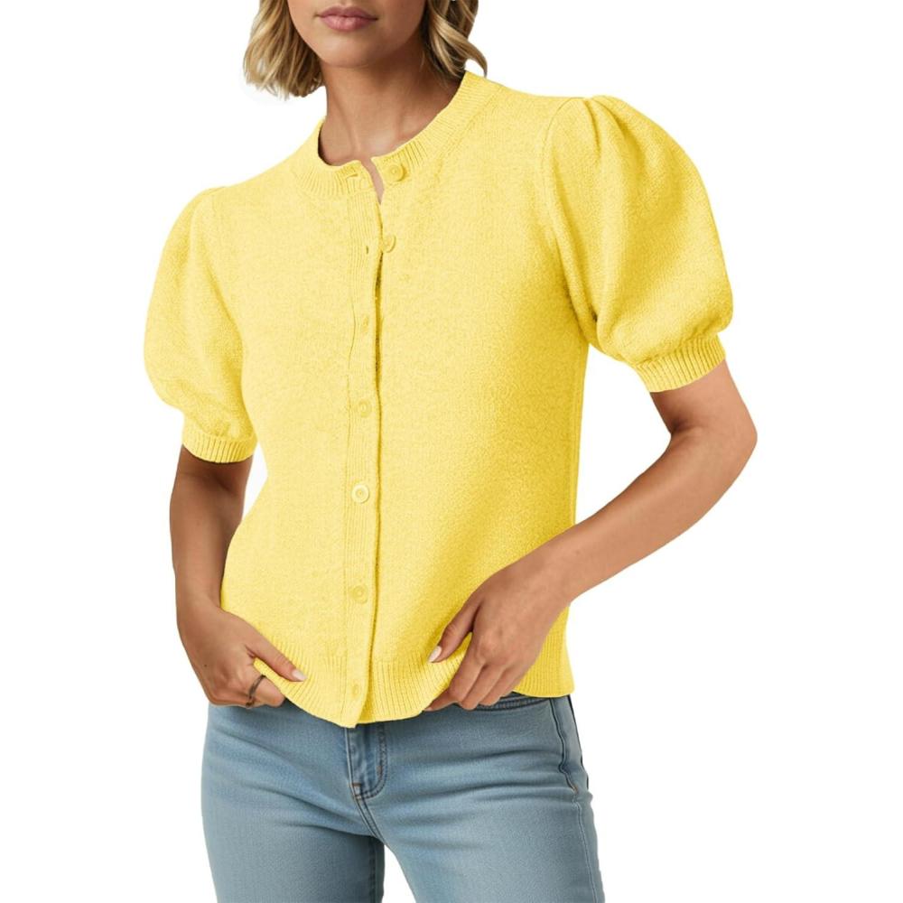 image:imageSaodimallsu Womens Puff Short Sleeve Cardigans Casual Summer Button Down Lightweight Knit Crew Neck Sweater TopsYellow
