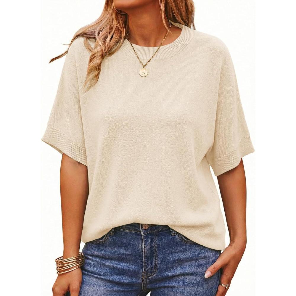 image:imageSaodimallsu Womens Short Batwing Sleeve Sweaters Oversized Crew Neck Casual Basic Knit Pullover Tops ShirtApricot