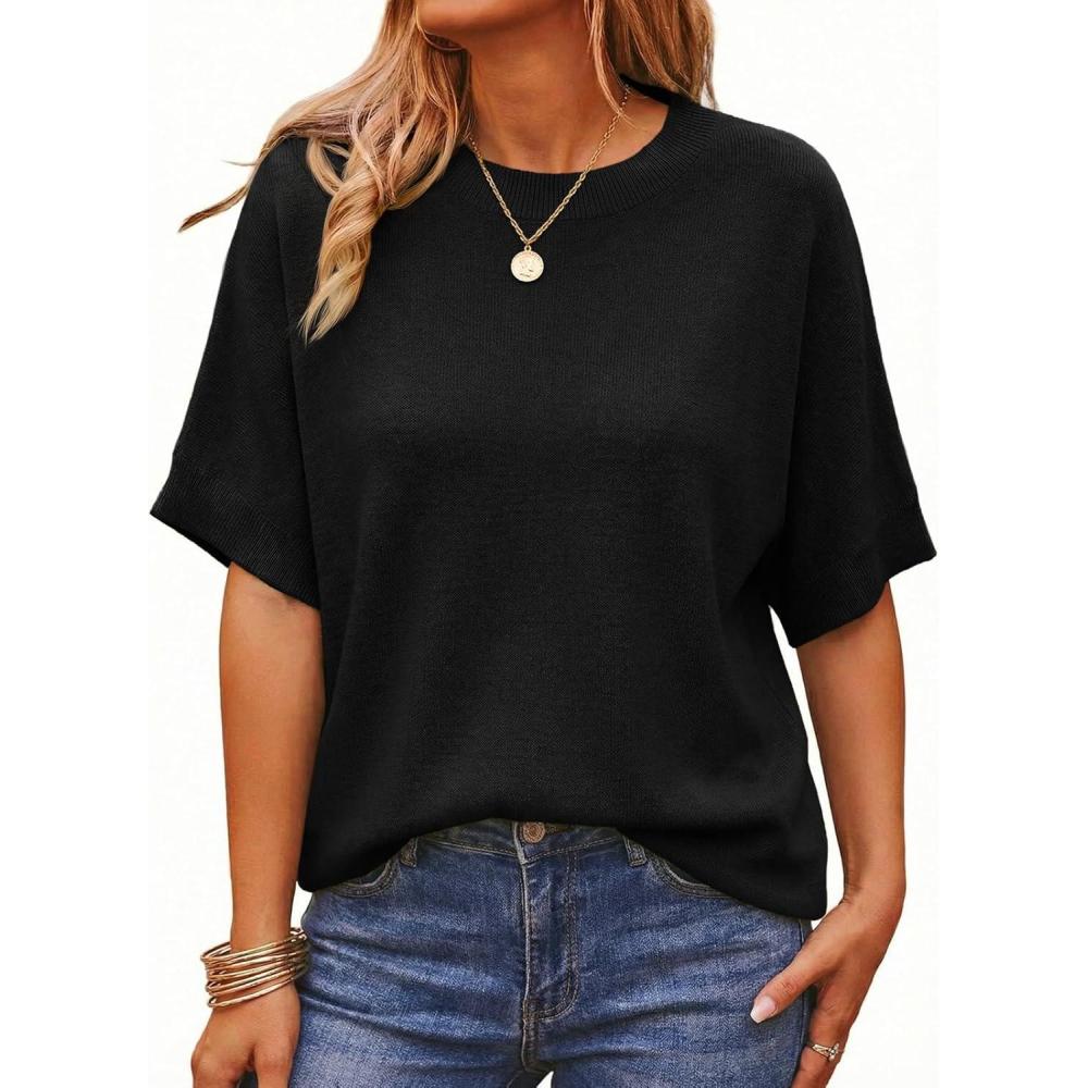 image:imageSaodimallsu Womens Short Batwing Sleeve Sweaters Oversized Crew Neck Casual Basic Knit Pullover Tops ShirtBlack