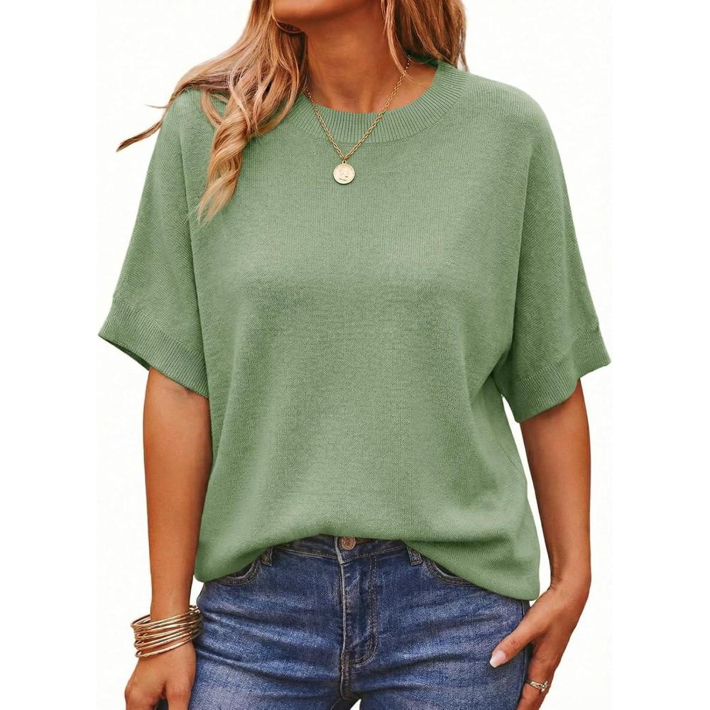 image:imageSaodimallsu Womens Short Batwing Sleeve Sweaters Oversized Crew Neck Casual Basic Knit Pullover Tops ShirtGreen