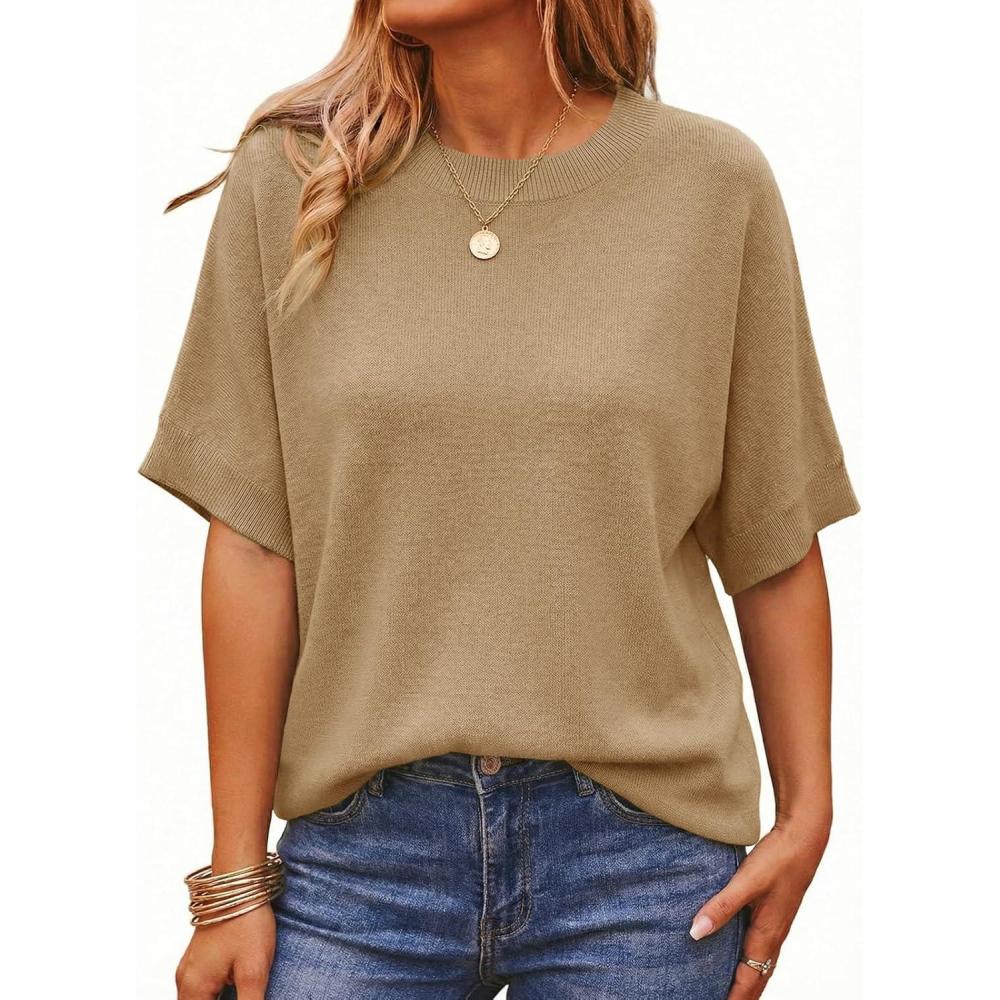image:imageSaodimallsu Womens Short Batwing Sleeve Sweaters Oversized Crew Neck Casual Basic Knit Pullover Tops ShirtKhaki