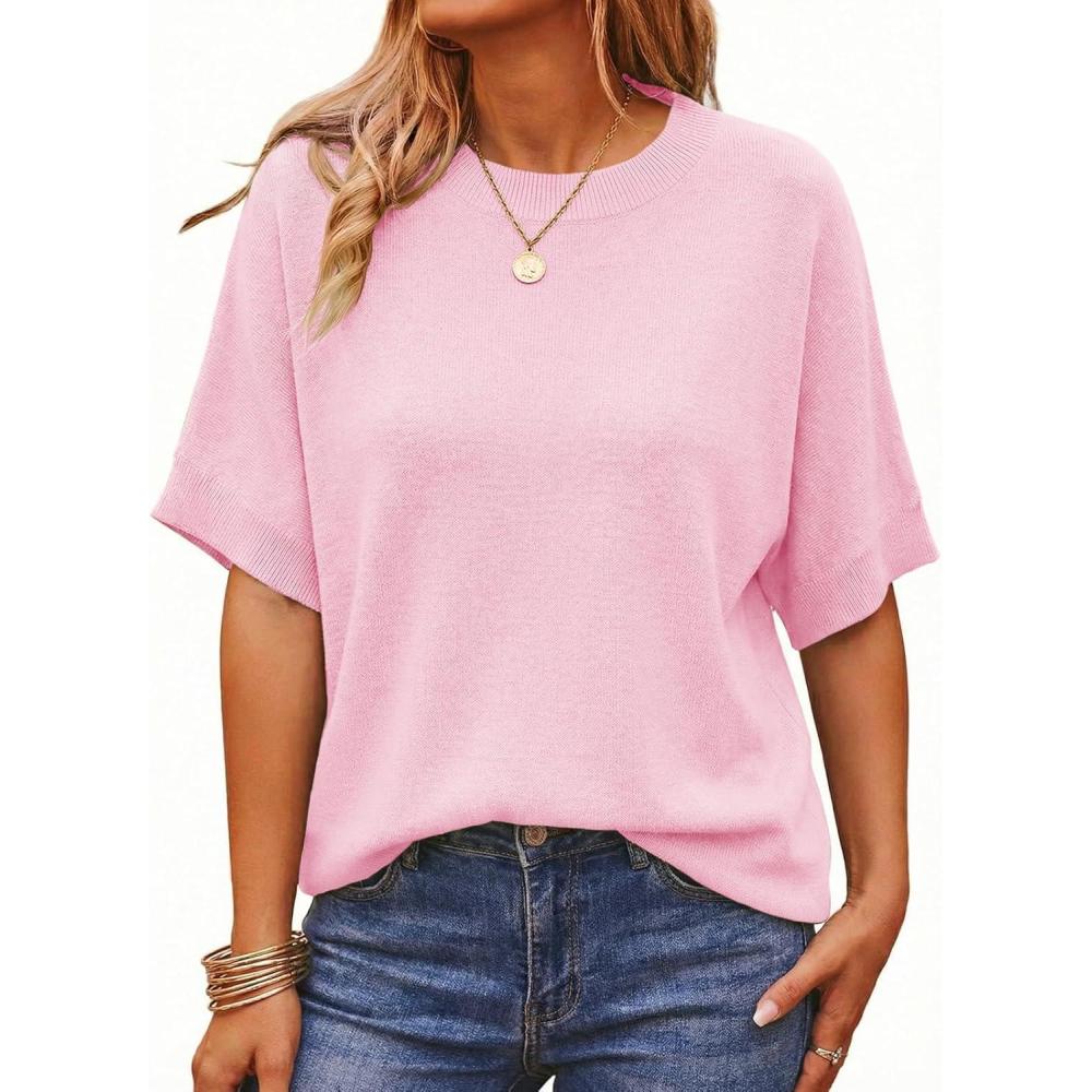 image:imageSaodimallsu Womens Short Batwing Sleeve Sweaters Oversized Crew Neck Casual Basic Knit Pullover Tops ShirtPink
