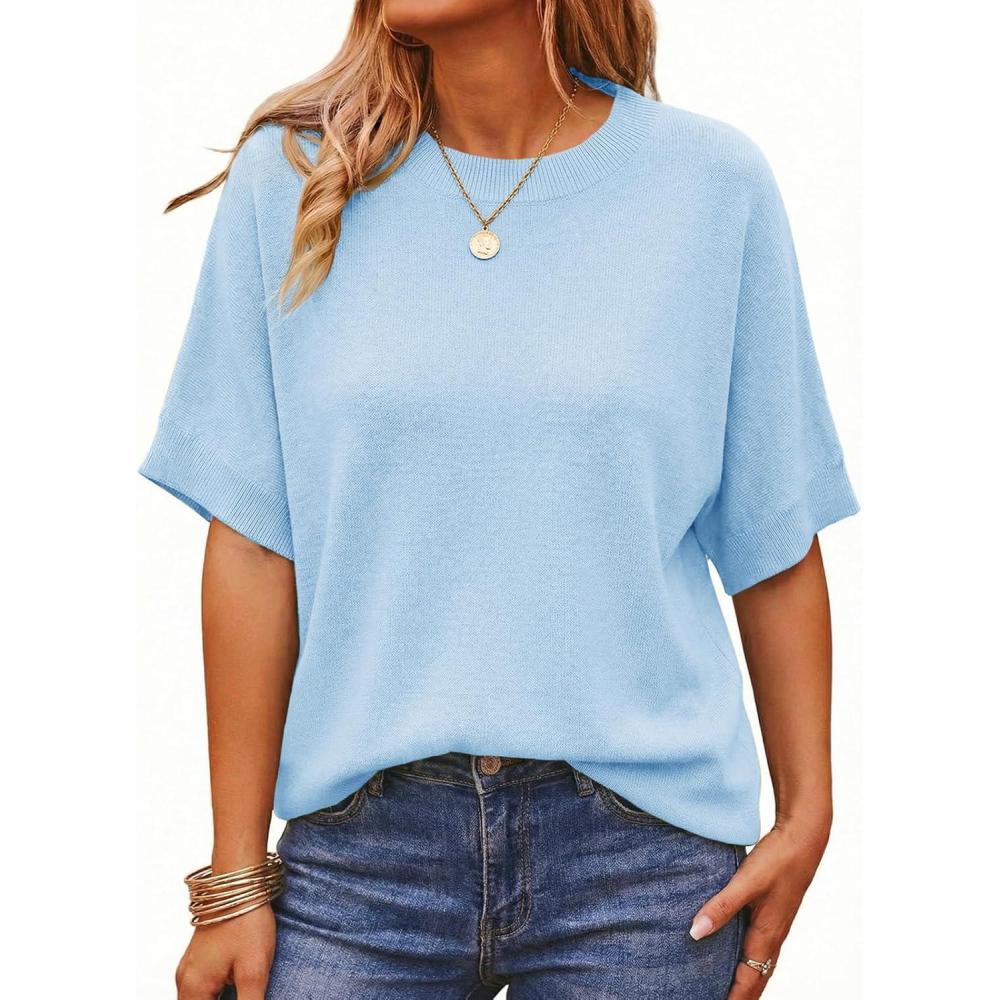 image:imageSaodimallsu Womens Short Batwing Sleeve Sweaters Oversized Crew Neck Casual Basic Knit Pullover Tops ShirtSky Blue