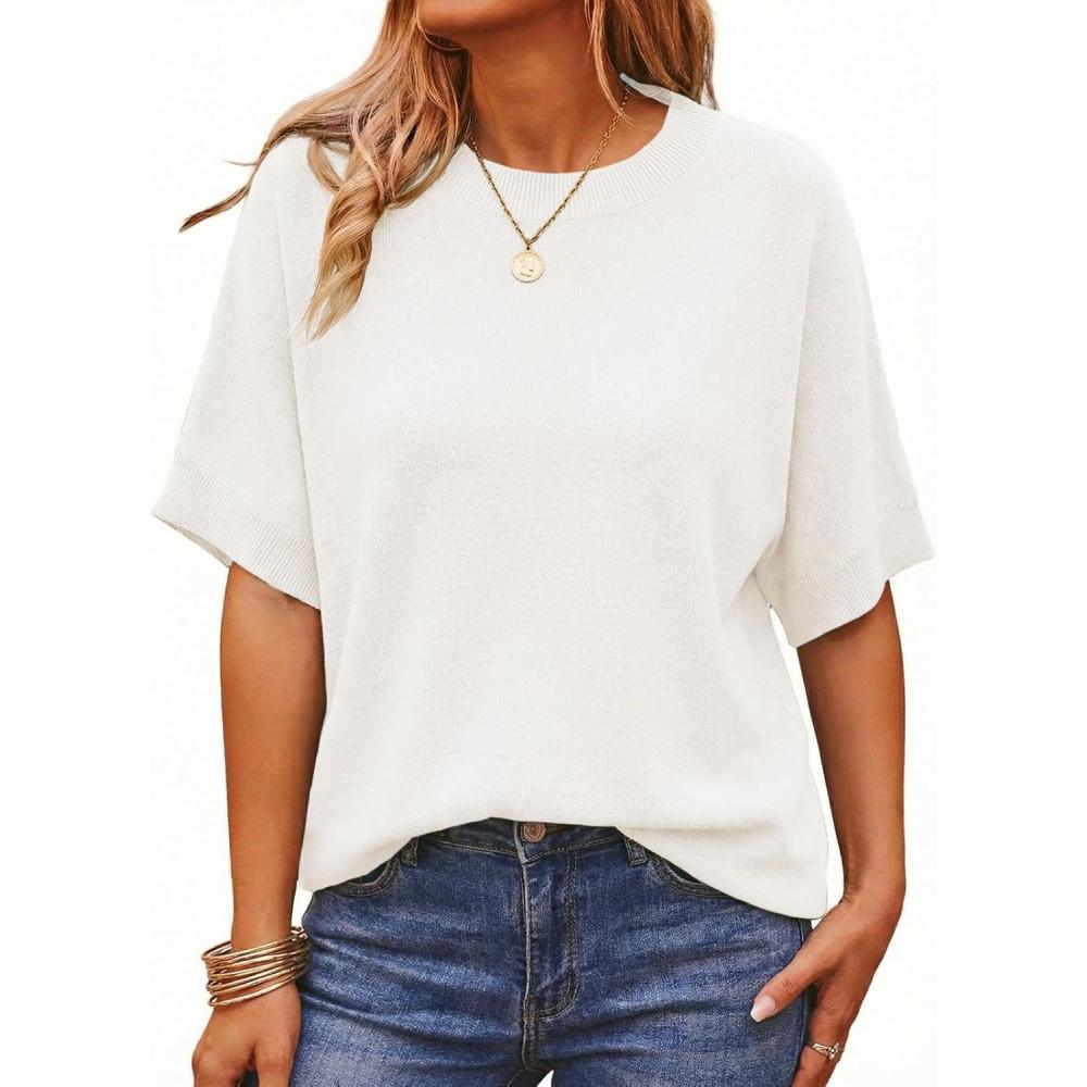 image:imageSaodimallsu Womens Short Batwing Sleeve Sweaters Oversized Crew Neck Casual Basic Knit Pullover Tops ShirtWhite