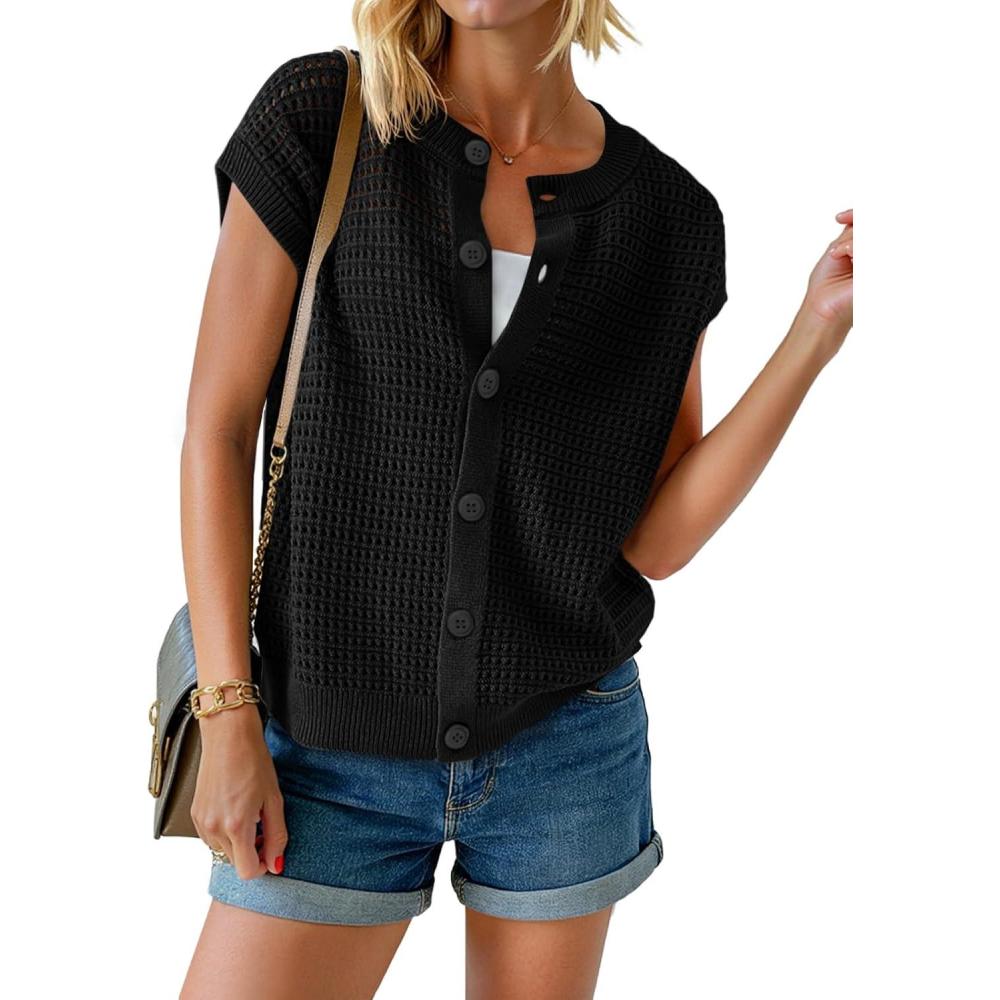 image:imageSaodimallsu Womens Short Cap Sleeve Sweater Vest Crochet Button Down Cardigans Crew Neck Summer Knit TopsBlack