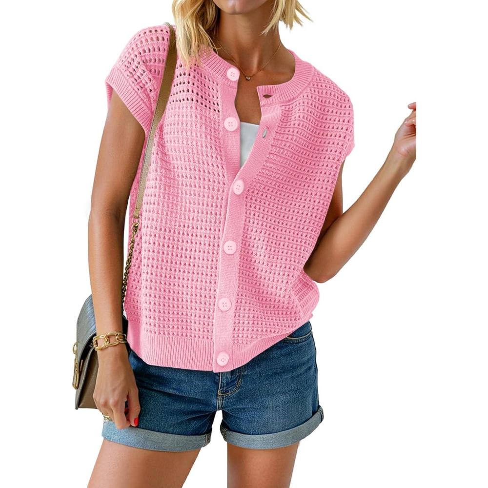 image:imageSaodimallsu Womens Short Cap Sleeve Sweater Vest Crochet Button Down Cardigans Crew Neck Summer Knit TopsPink