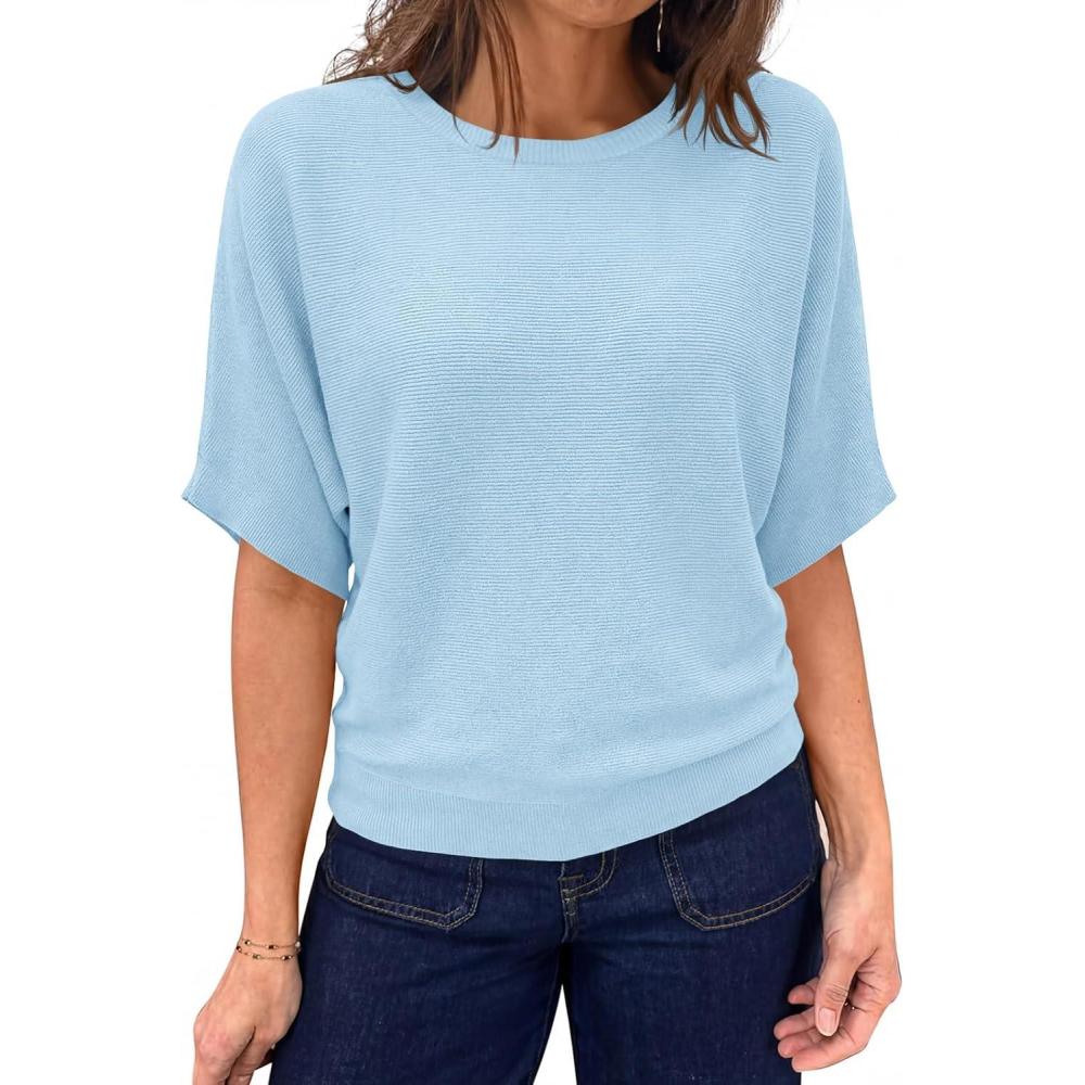 image:imageSaodimallsu Womens Short Sleeve Sweater Summer Batwing Trendy Casual Boat Neck Lightweight Loose Fitting Knit TopsBlue