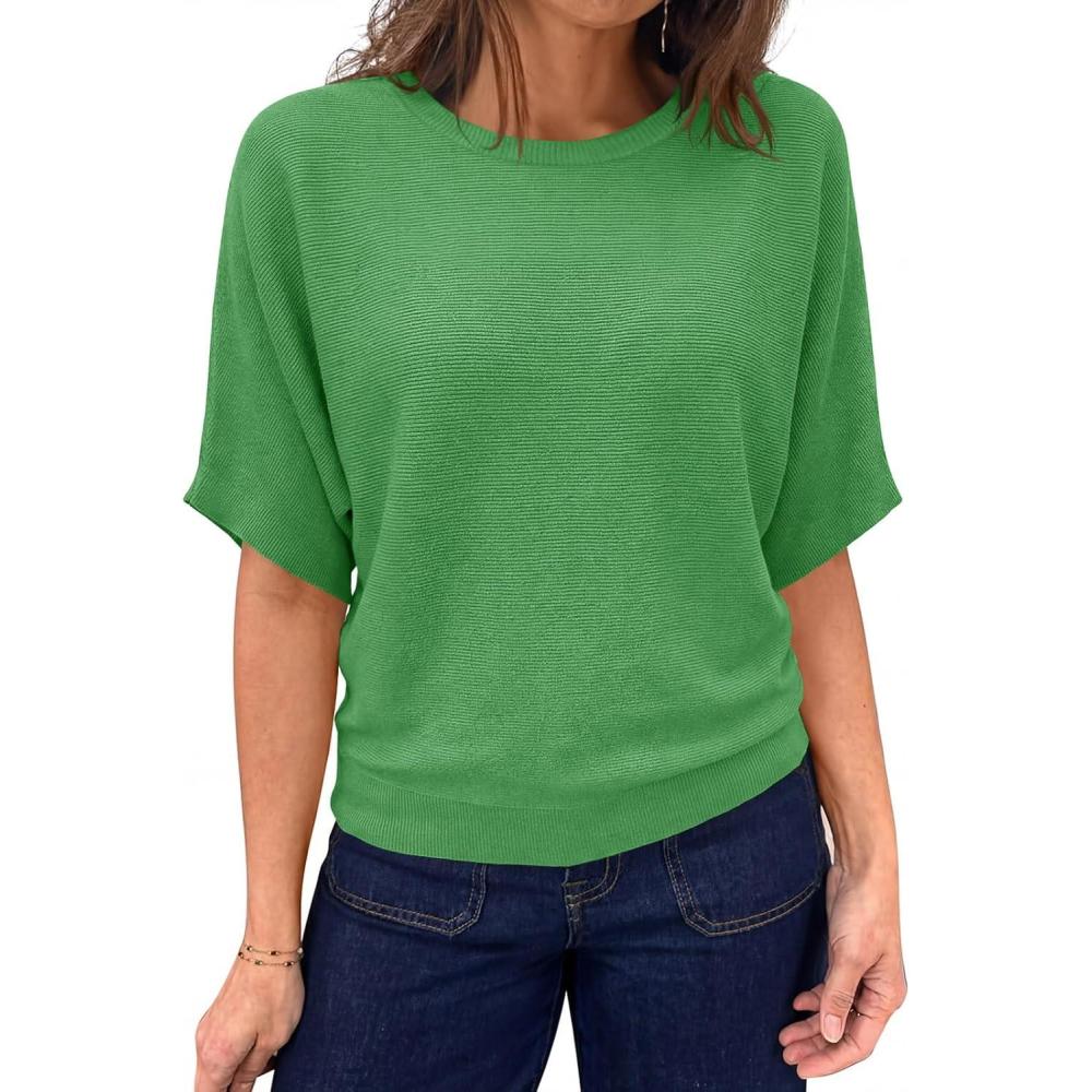 image:imageSaodimallsu Womens Short Sleeve Sweater Summer Batwing Trendy Casual Boat Neck Lightweight Loose Fitting Knit TopsGreen