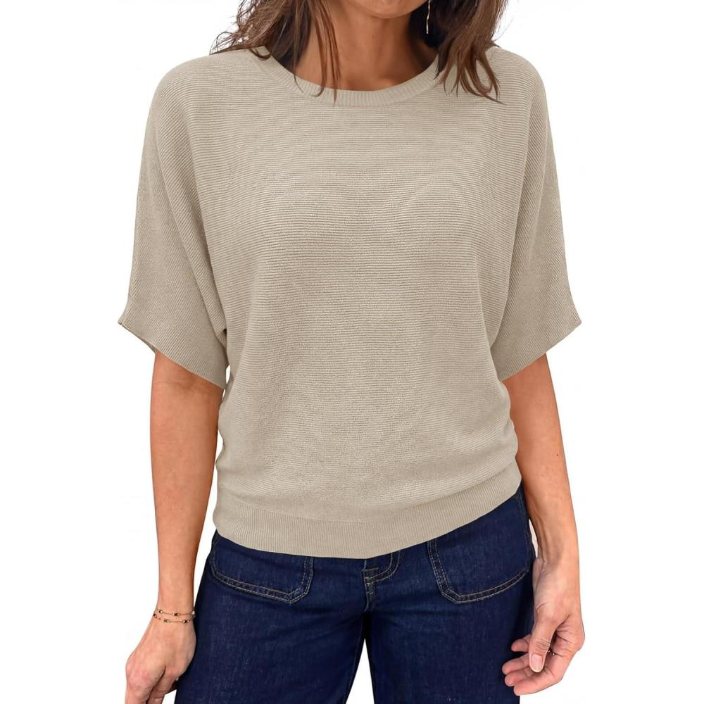 image:imageSaodimallsu Womens Short Sleeve Sweater Summer Batwing Trendy Casual Boat Neck Lightweight Loose Fitting Knit TopsKhaki