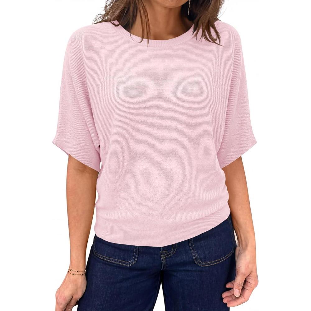 image:imageSaodimallsu Womens Short Sleeve Sweater Summer Batwing Trendy Casual Boat Neck Lightweight Loose Fitting Knit TopsPink
