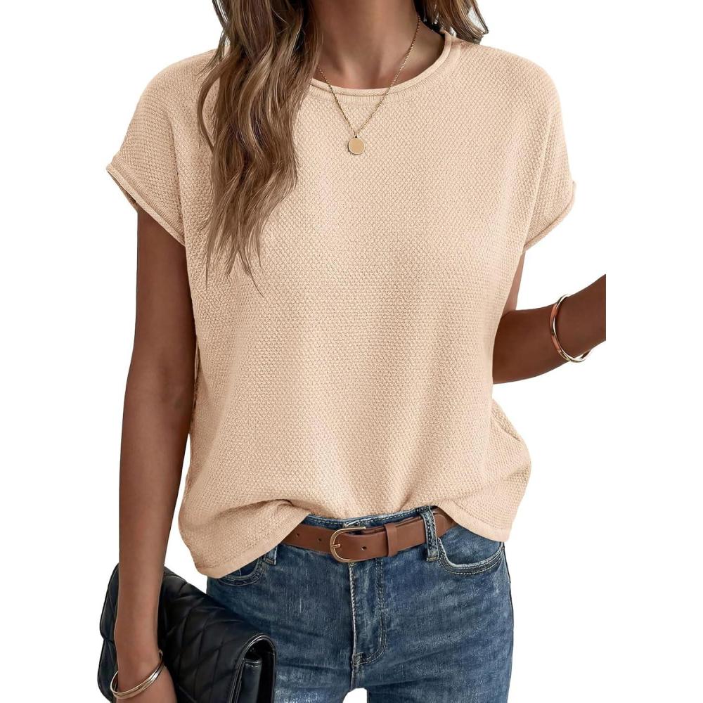 image:imageSaodimallsu Womens Summer Cap Sleeve Tops 2026 Waffle Knit Going Out Casual Loose Crew Neck Lightweight Sweater VestApricot