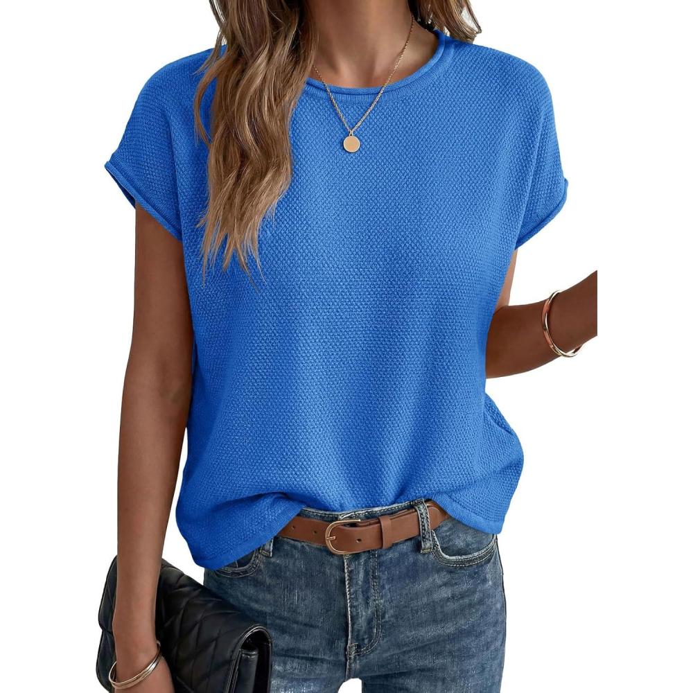 image:imageSaodimallsu Womens Summer Cap Sleeve Tops 2026 Waffle Knit Going Out Casual Loose Crew Neck Lightweight Sweater VestBlue