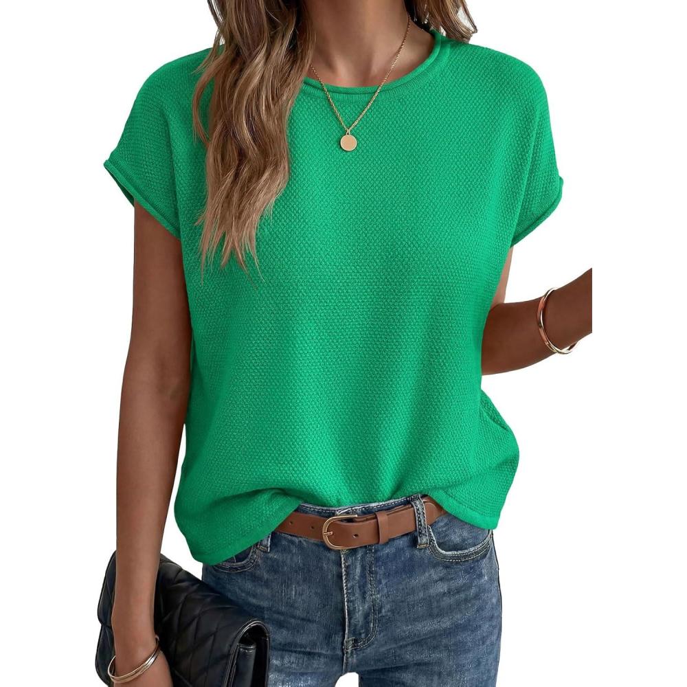 image:imageSaodimallsu Womens Summer Cap Sleeve Tops 2026 Waffle Knit Going Out Casual Loose Crew Neck Lightweight Sweater VestGreen