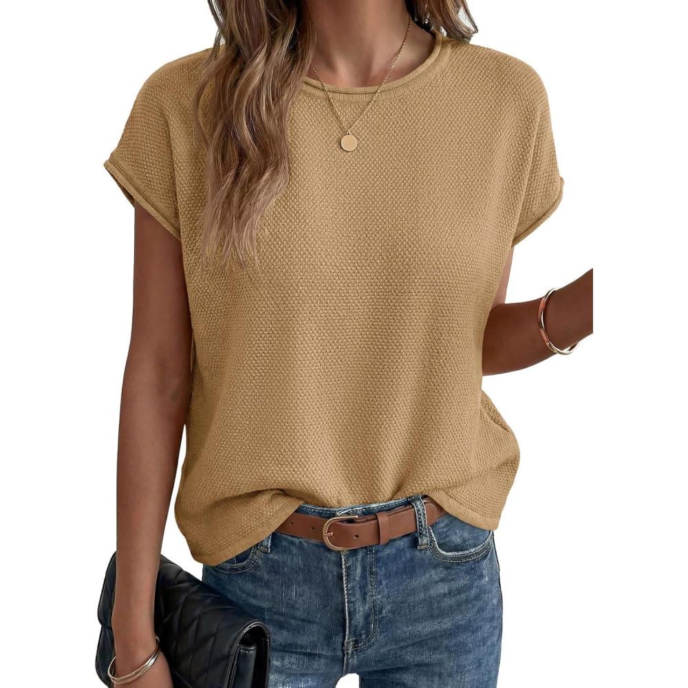 image:imageSaodimallsu Womens Summer Cap Sleeve Tops 2026 Waffle Knit Going Out Casual Loose Crew Neck Lightweight Sweater VestKhaki