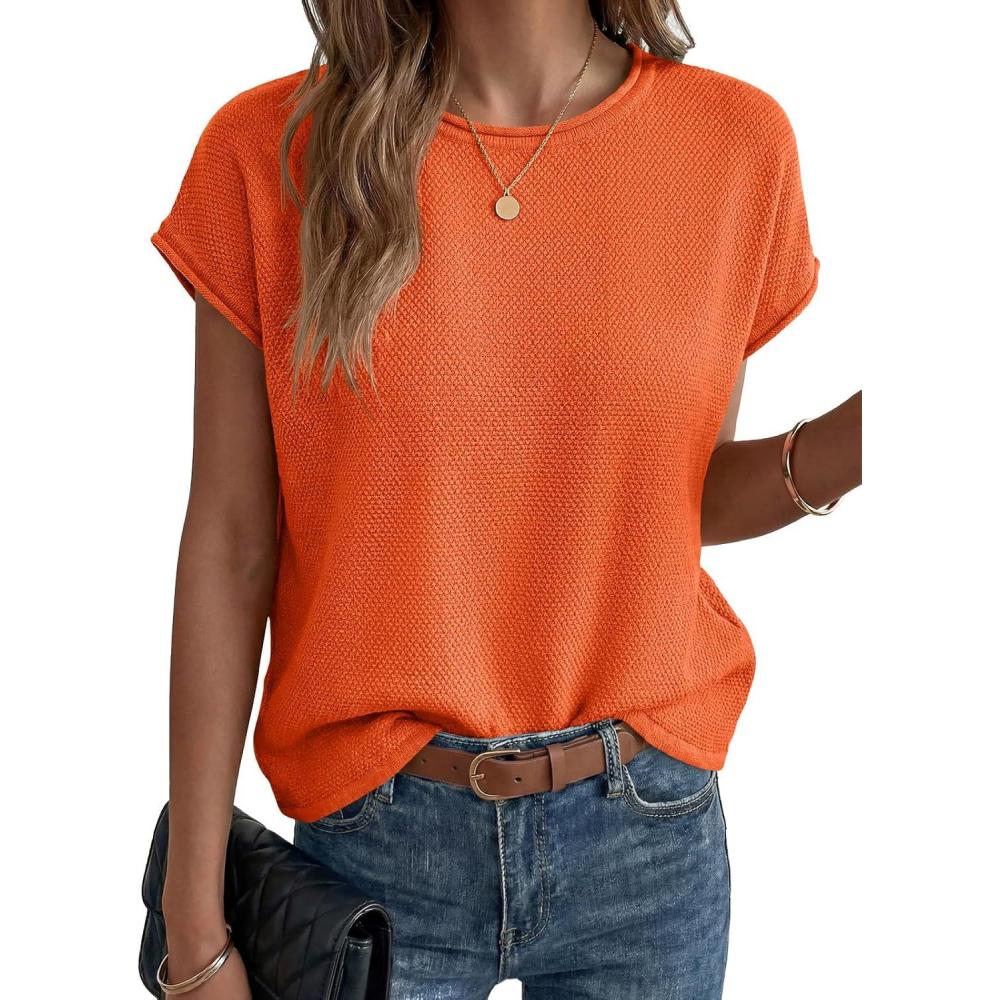 image:imageSaodimallsu Womens Summer Cap Sleeve Tops 2026 Waffle Knit Going Out Casual Loose Crew Neck Lightweight Sweater VestOrange
