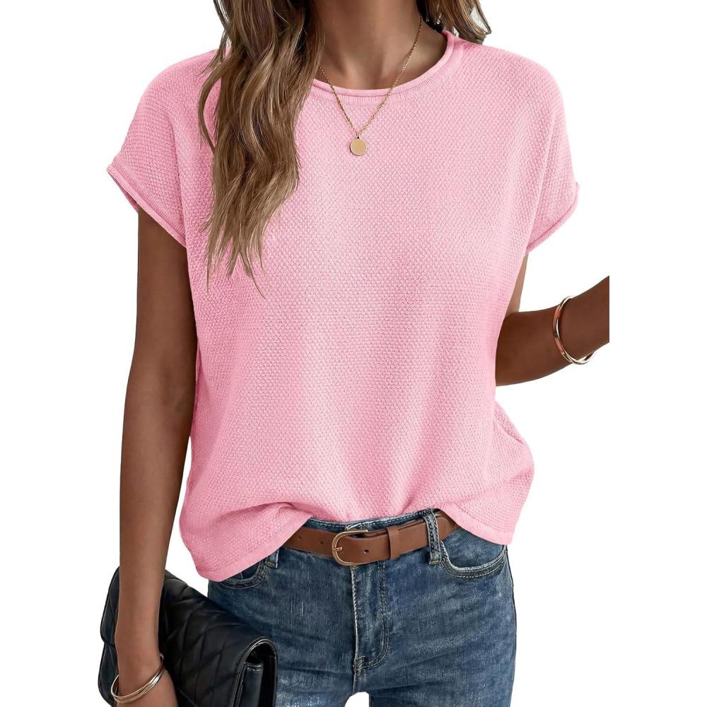 image:imageSaodimallsu Womens Summer Cap Sleeve Tops 2026 Waffle Knit Going Out Casual Loose Crew Neck Lightweight Sweater VestPink