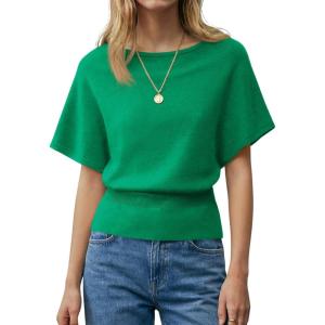 Saodimallsu Womens Boat Neck Summer Tops Batwing Dolman Short Sleeve Trendy Ribbed Knit Cinched Waist Knit Sweater Top(Green)