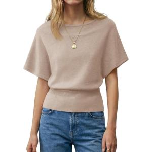 Saodimallsu Womens Boat Neck Summer Tops Batwing Dolman Short Sleeve Trendy Ribbed Knit Cinched Waist Knit Sweater Top(Khaki)