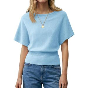 Saodimallsu Womens Boat Neck Summer Tops Batwing Dolman Short Sleeve Trendy Ribbed Knit Cinched Waist Knit Sweater Top(Sky Blue)