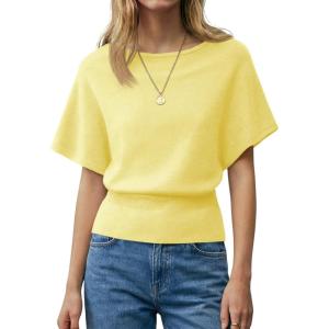 Saodimallsu Womens Boat Neck Summer Tops Batwing Dolman Short Sleeve Trendy Ribbed Knit Cinched Waist Knit Sweater Top(Yellow)