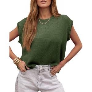 Saodimallsu Womens Cap Sleeve Sweater Vest Sleeveless Crew Neck Casual Loose Knit Pullover Summer Tops(Army Green)
