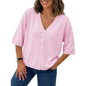 Saodimallsu Womens Half Short Sleeve Cardigans Summer Lightweight Knit V Neck Button Down Casual Sweater Tops(Pink)