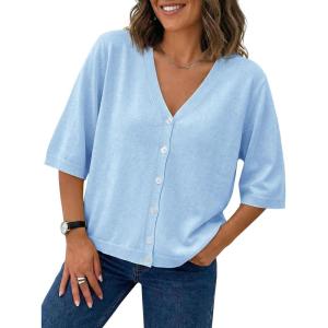 Saodimallsu Womens Half Short Sleeve Cardigans Summer Lightweight Knit V Neck Button Down Casual Sweater Tops(Sky Blue)
